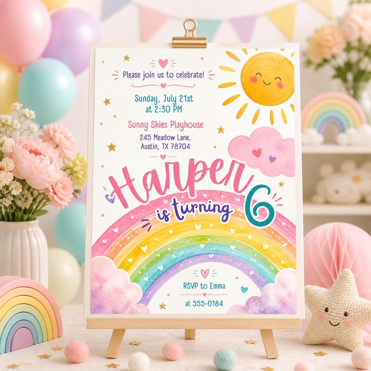 Rainbow Birthday Invitation, Watercolor Rainbow Birthday Party Invitation, Girl Party Invite, Colorful Party Invite, Editable Canva Template __etsy:8032018835