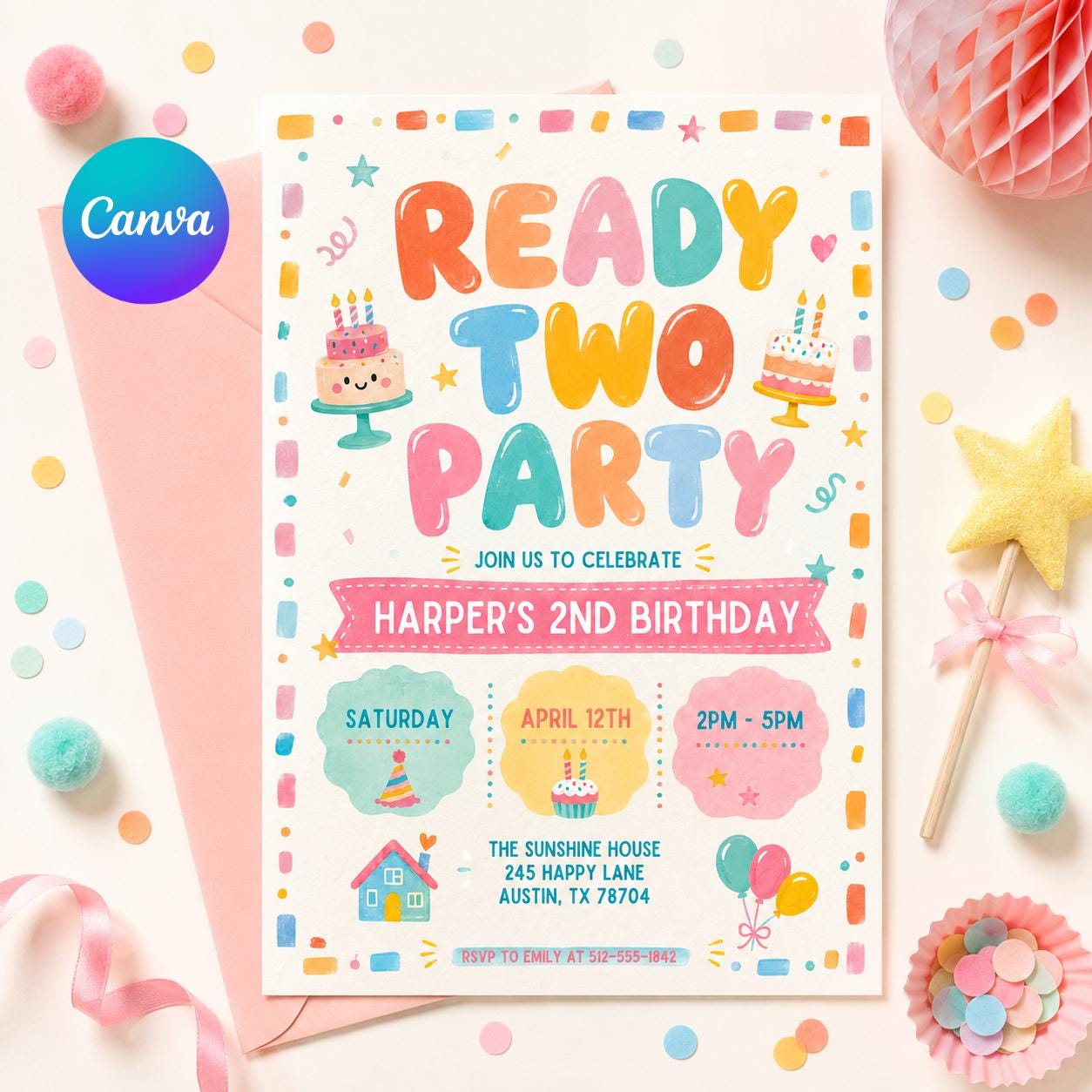 Ready Two Party Invitation, 2nd Birthday Girl Invitation, Spring Birthday Party Invite, Girl Invite, 2nd Invitation, Editable Canva Template __etsy:8000860270
