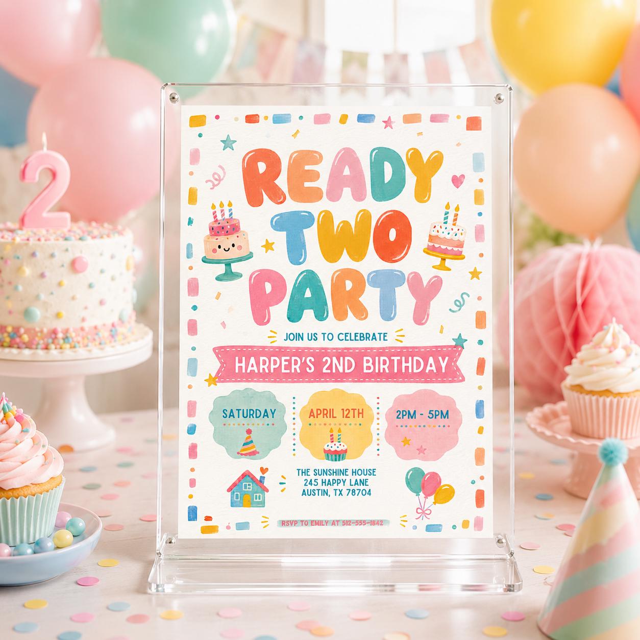 Ready Two Party Invitation, 2nd Birthday Girl Invitation, Spring Birthday Party Invite, Girl Invite, 2nd Invitation, Editable Canva Template __etsy:8047086543