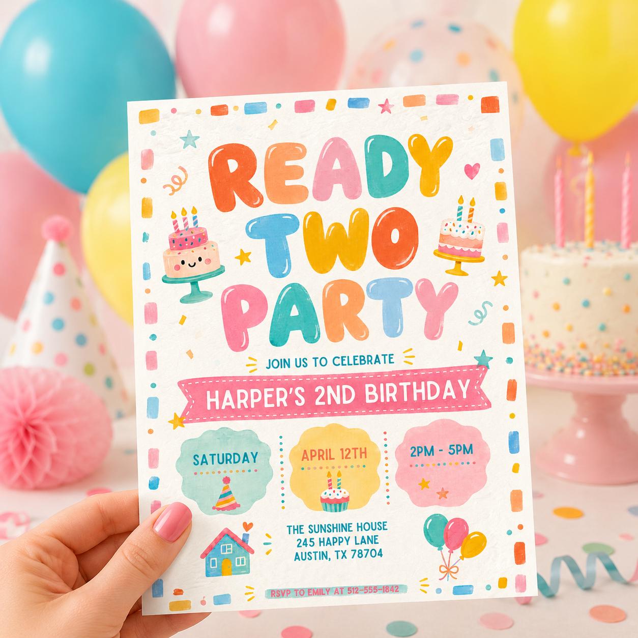 Ready Two Party Invitation, 2nd Birthday Girl Invitation, Spring Birthday Party Invite, Girl Invite, 2nd Invitation, Editable Canva Template __etsy:7999153304