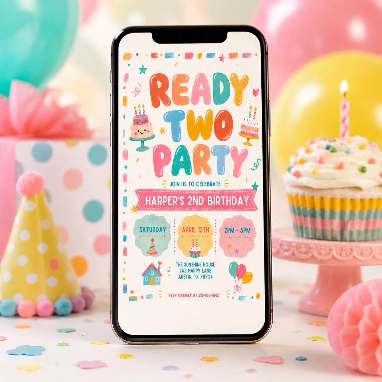 Ready Two Party Invitation, 2nd Birthday Girl Invitation, Spring Birthday Party Invite, Girl Invite, 2nd Invitation, Editable Canva Template __etsy:7999153270