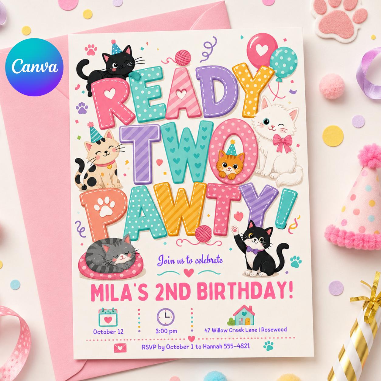 Ready Two Pawty Birthday Invitation Girl, Dog 2nd Birthday Invite, Puppy Party Invitation, Editable Canva Template, Girl Second Birthday __etsy:7991919234