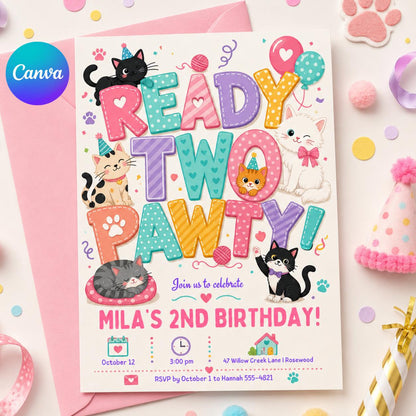 Ready Two Pawty Birthday Invitation Girl, Dog 2nd Birthday Invite, Puppy Party Invitation, Editable Canva Template, Girl Second Birthday __etsy:7991919234