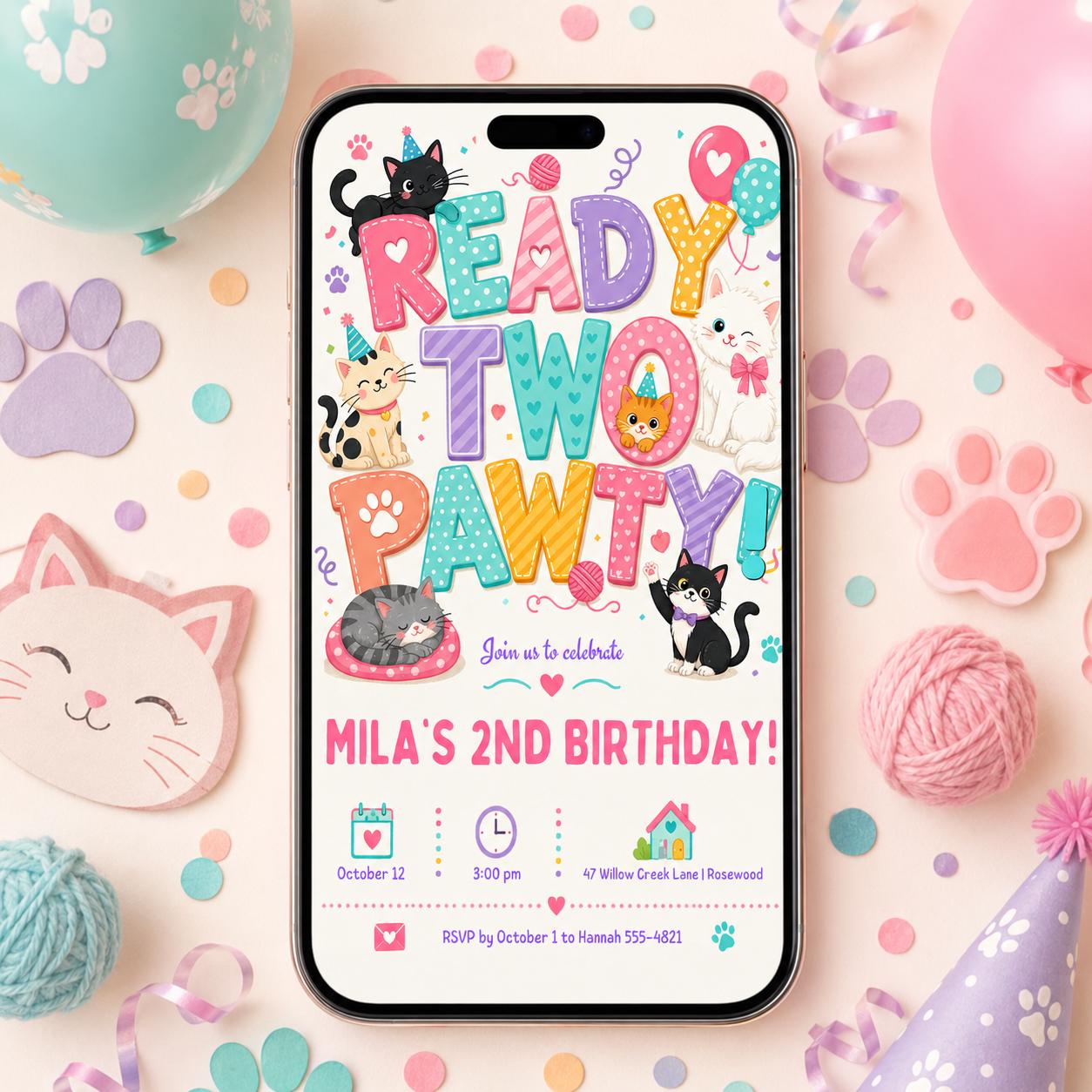 Ready Two Pawty Birthday Invitation Girl, Dog 2nd Birthday Invite, Puppy Party Invitation, Editable Canva Template, Girl Second Birthday __etsy:8039858415