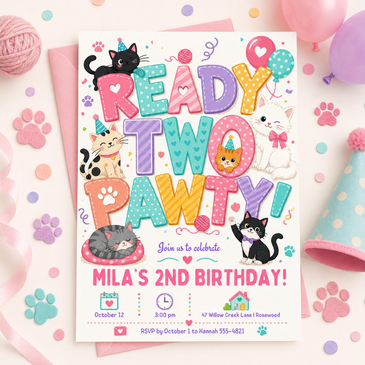 Ready Two Pawty Birthday Invitation Girl, Dog 2nd Birthday Invite, Puppy Party Invitation, Editable Canva Template, Girl Second Birthday __etsy:7991919238