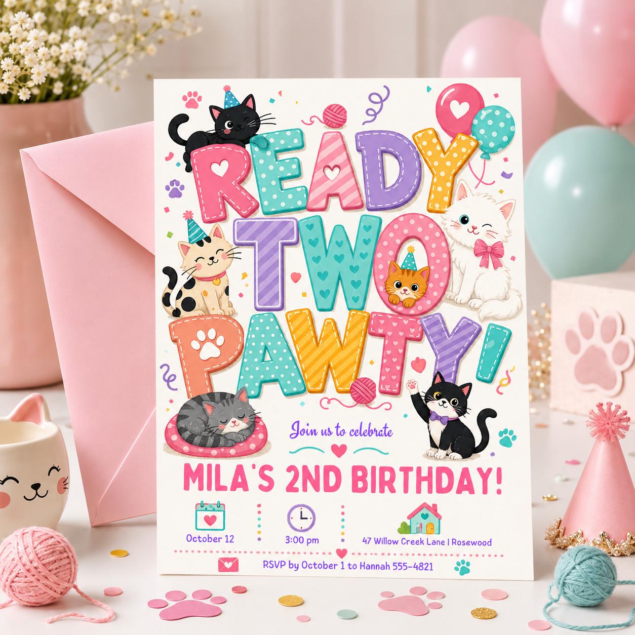 Ready Two Pawty Birthday Invitation Girl, Dog 2nd Birthday Invite, Puppy Party Invitation, Editable Canva Template, Girl Second Birthday __etsy:8039858427