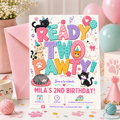 Ready Two Pawty Birthday Invitation Girl, Dog 2nd Birthday Invite, Puppy Party Invitation, Editable Canva Template, Girl Second Birthday __etsy:8039858427