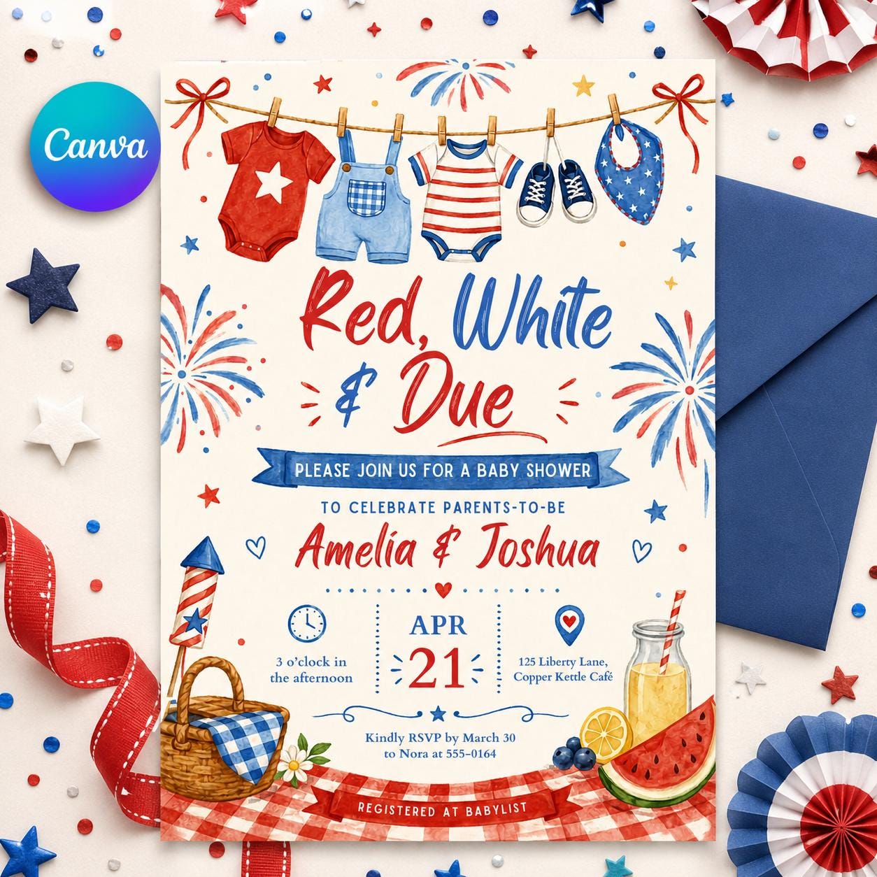 Red, White & Due Baby Shower Invitation Template, America 250th Anniversary Invitation Template 4th of July Party Invitation, Canva Template __etsy:8120362621