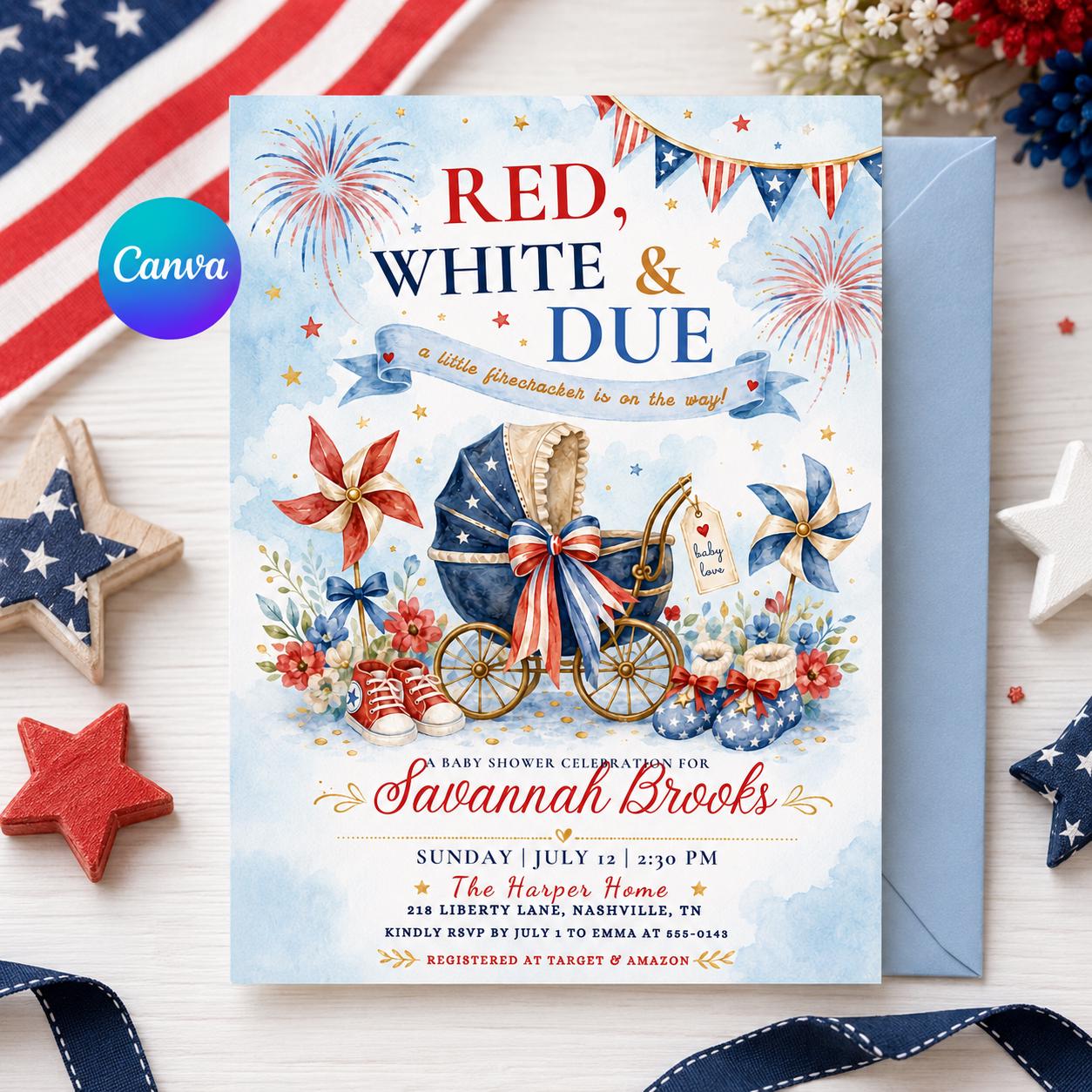 Red, White & Due Baby Shower Invitation Template, America 250th Anniversary Invitation Template 4th of July Party Invitation, Canva Template __etsy:8080895718