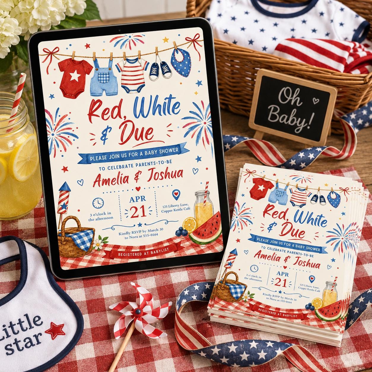 Red, White & Due Baby Shower Invitation Template, America 250th Anniversary Invitation Template 4th of July Party Invitation, Canva Template __etsy:8120362743