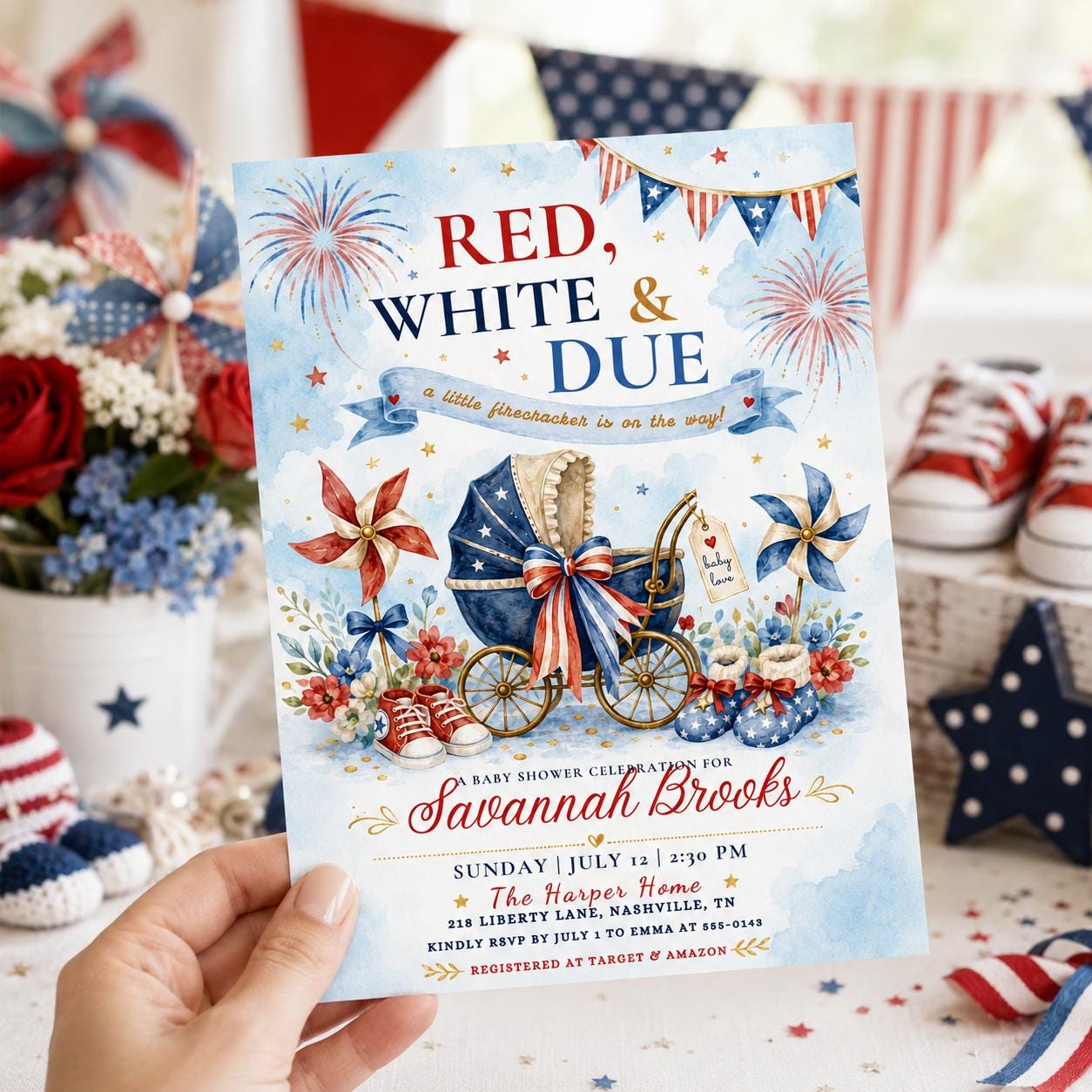 Red, White & Due Baby Shower Invitation Template, America 250th Anniversary Invitation Template 4th of July Party Invitation, Canva Template __etsy:8128814479