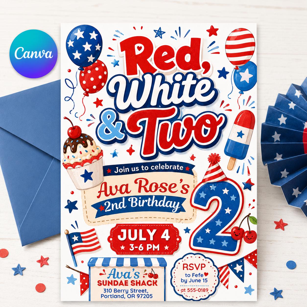 Red White and Two 2nd Birthday Invitation,  Girl 4th Of July 2nd Birthday Invite, Vintage All American Girl Theme, Editable Canva Template __etsy:8120360633
