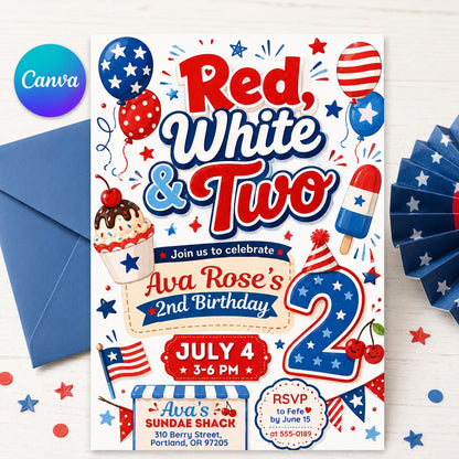 Red White and Two 2nd Birthday Invitation,  Girl 4th Of July 2nd Birthday Invite, Vintage All American Girl Theme, Editable Canva Template __etsy:8120360633