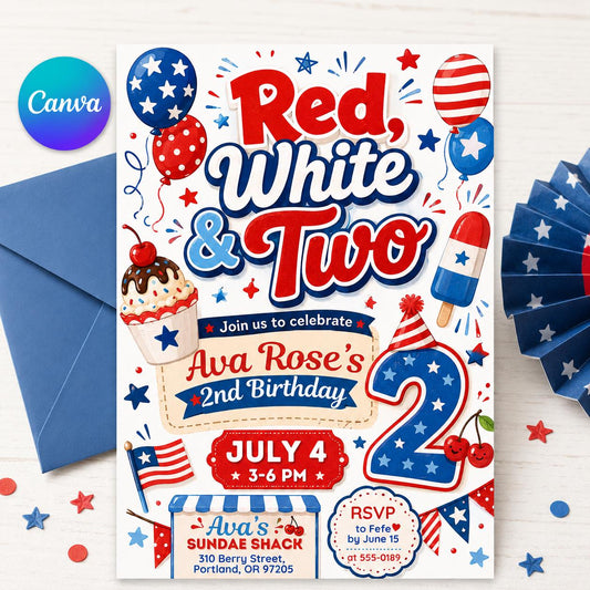 Red White and Two 2nd Birthday Invitation,  Girl 4th Of July 2nd Birthday Invite, Vintage All American Girl Theme, Editable Canva Template __etsy:8120360633