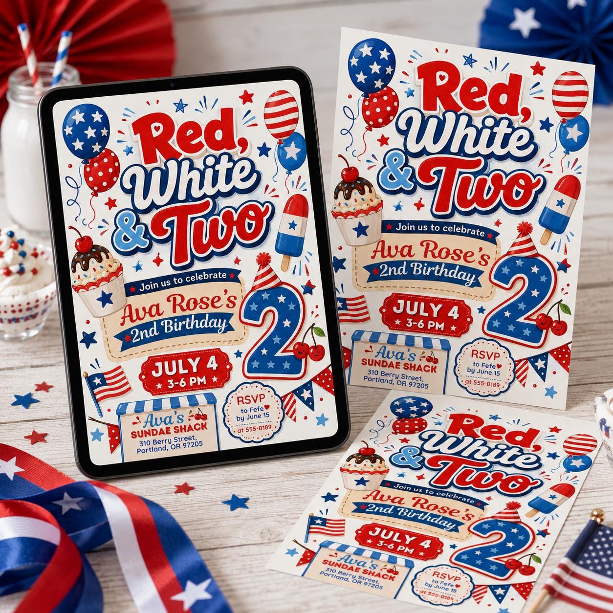 Red White and Two 2nd Birthday Invitation,  Girl 4th Of July 2nd Birthday Invite, Vintage All American Girl Theme, Editable Canva Template __etsy:8120360889