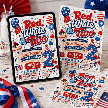 Red White and Two 2nd Birthday Invitation,  Girl 4th Of July 2nd Birthday Invite, Vintage All American Girl Theme, Editable Canva Template __etsy:8120360889