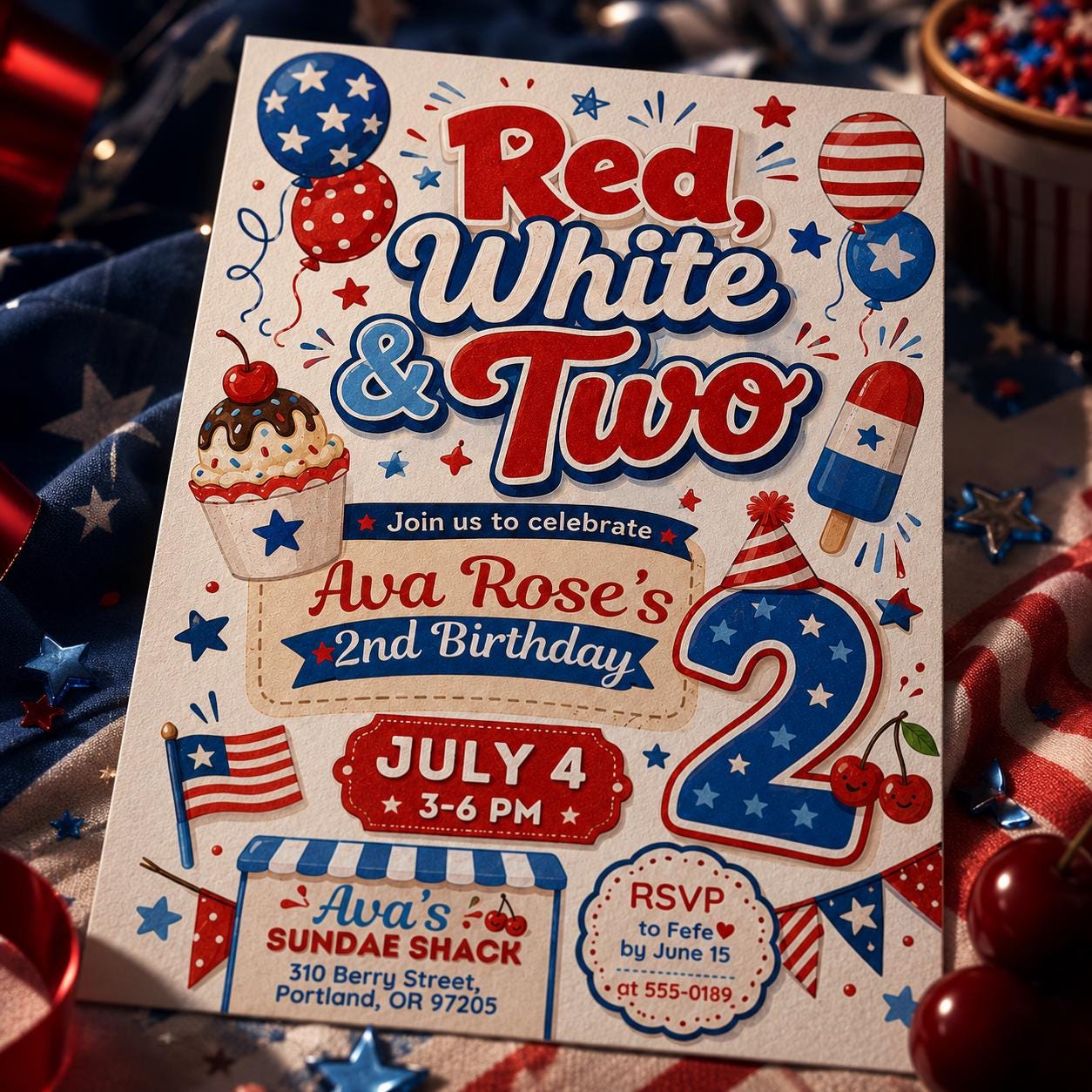 Red White and Two 2nd Birthday Invitation,  Girl 4th Of July 2nd Birthday Invite, Vintage All American Girl Theme, Editable Canva Template __etsy:8072440454