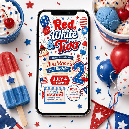 Red White and Two 2nd Birthday Invitation,  Girl 4th Of July 2nd Birthday Invite, Vintage All American Girl Theme, Editable Canva Template __etsy:8120360887