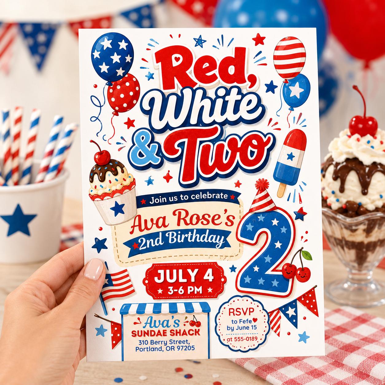Red White and Two 2nd Birthday Invitation,  Girl 4th Of July 2nd Birthday Invite, Vintage All American Girl Theme, Editable Canva Template __etsy:8120360869