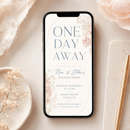 Rehearsal Dinner Invitation Template, One Day Away Floral Design, One Day Away Modern Minimal, Minimalist Casual Wedding Rehearsal Dinner __etsy:8053345792