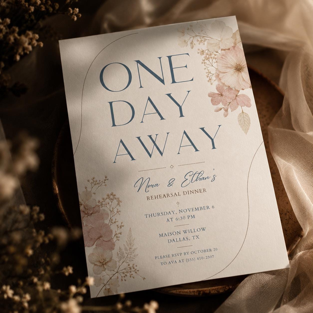 Rehearsal Dinner Invitation Template, One Day Away Floral Design, One Day Away Modern Minimal, Minimalist Casual Wedding Rehearsal Dinner __etsy:8101261091
