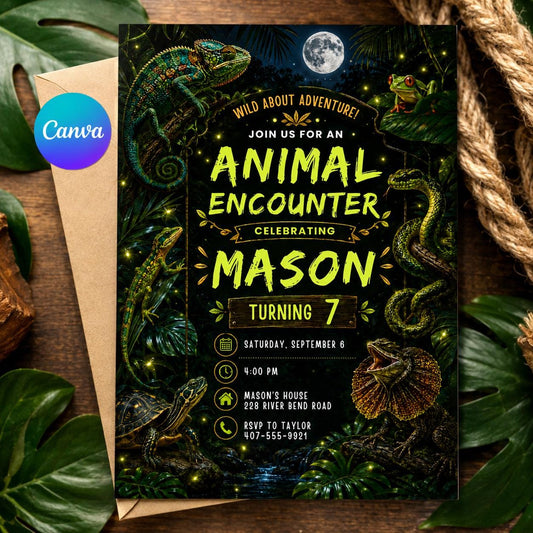 Reptile Birthday Invitation Editable Template, Lizard Nature Theme Boy Printable Invite, Zoo Animal Encounter Party, Editable Canva Template __etsy:8086027685