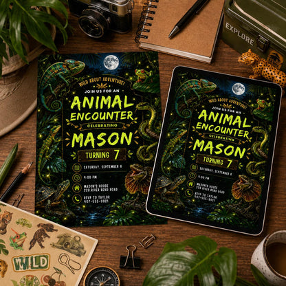 Reptile Birthday Invitation Editable Template, Lizard Nature Theme Boy Printable Invite, Zoo Animal Encounter Party, Editable Canva Template __etsy:8086028205