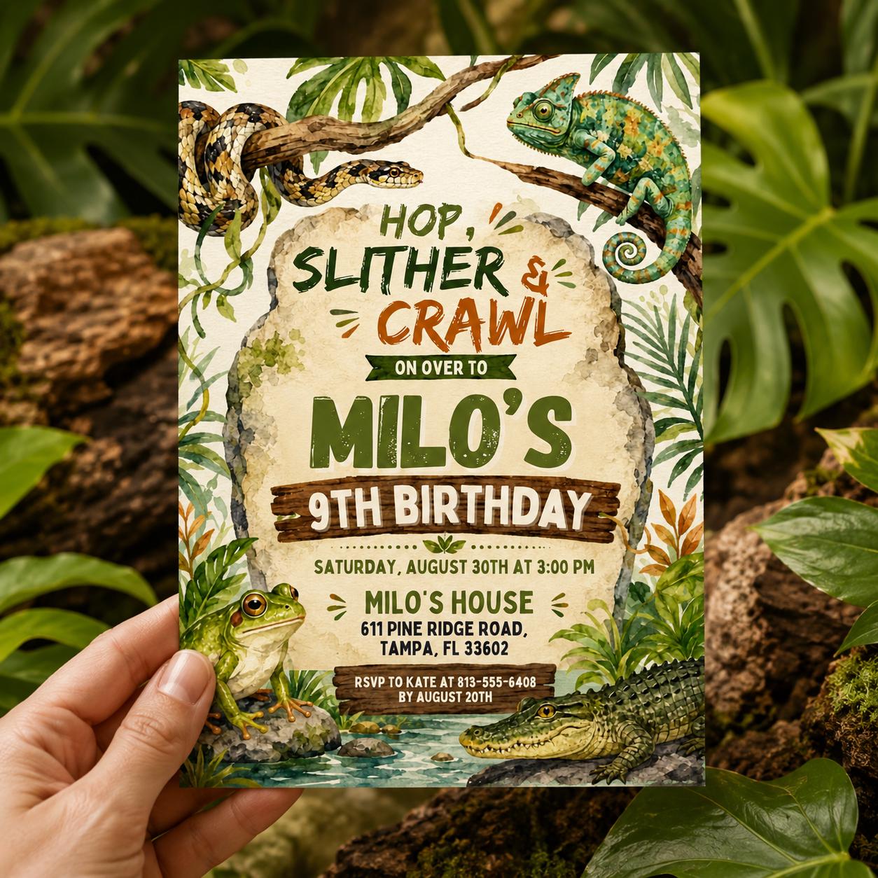 Reptile Birthday Invitation, Hop Slither and Crawl Party, Watercolor Snake Lizard Alligator Frog, Any Age Birthday, Editable Canva Template __etsy:8037941738