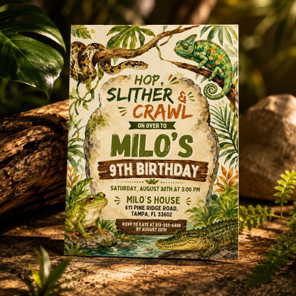Reptile Birthday Invitation, Hop Slither and Crawl Party, Watercolor Snake Lizard Alligator Frog, Any Age Birthday, Editable Canva Template __etsy:8037941758