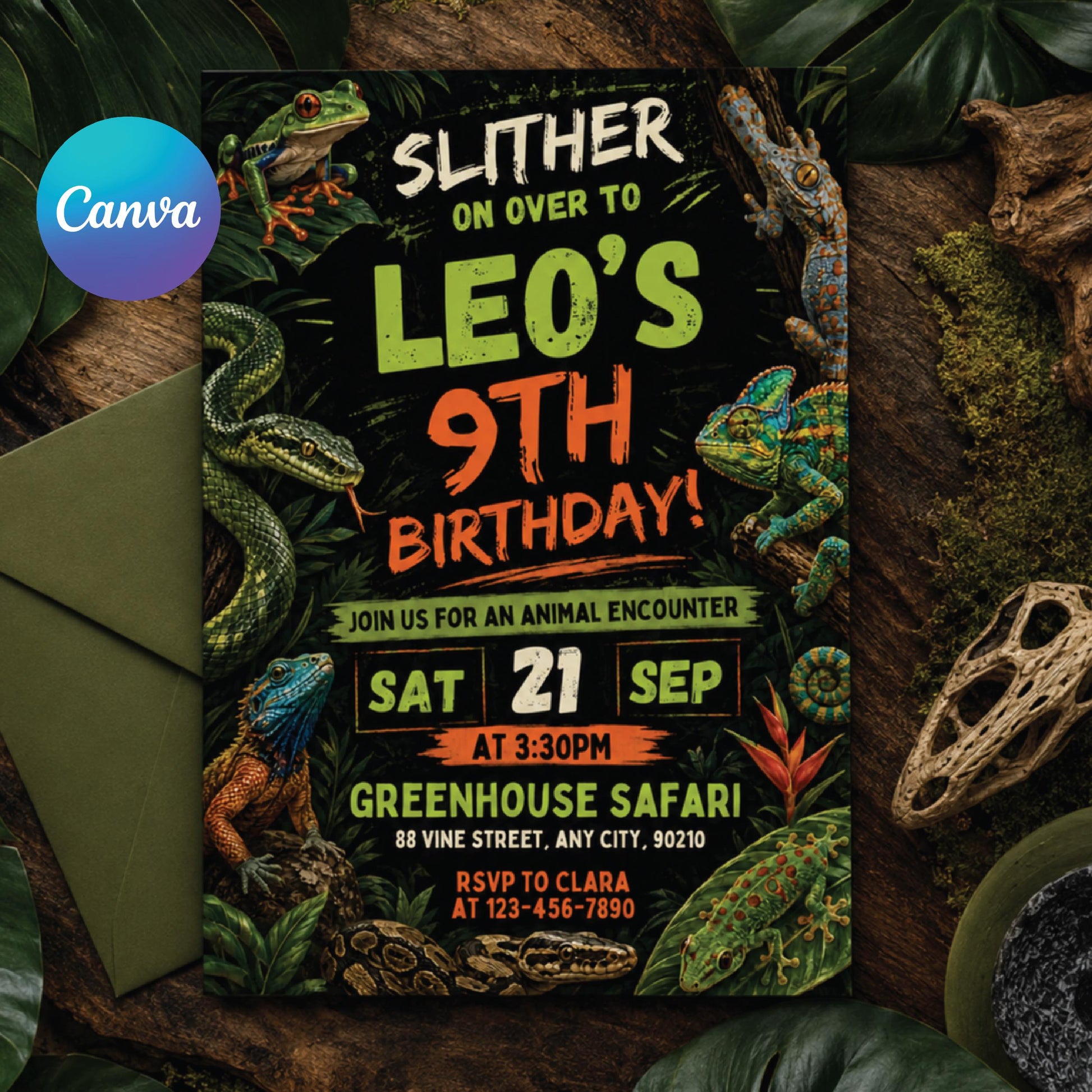 Reptile Birthday Invitation, Slither On Over Jungle Theme, Editable Slither On Over Birthday Reptile Invitation Jungle Lizard Party, Canva __etsy:8012741558