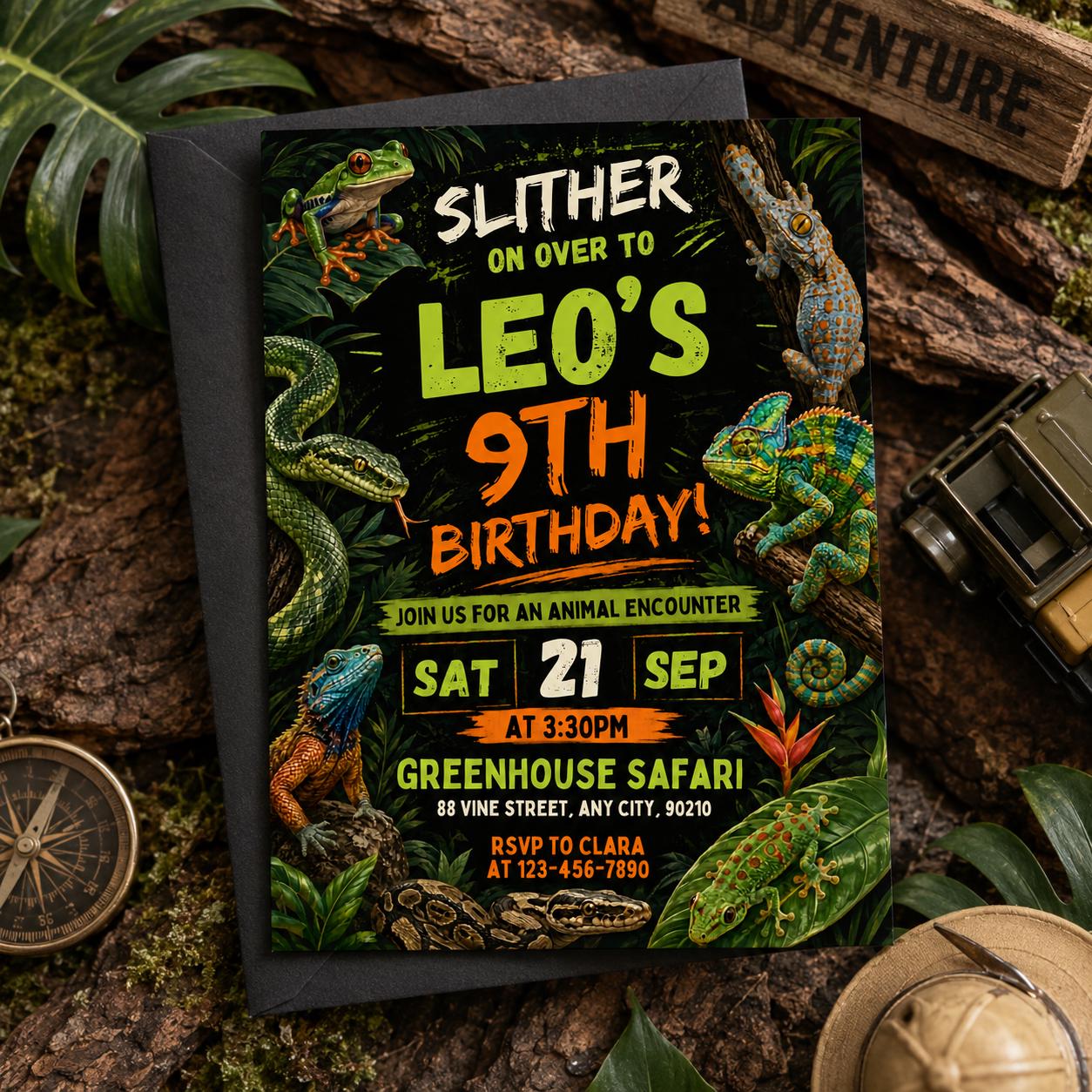 Reptile Birthday Invitation, Slither On Over Jungle Theme, Editable Slither On Over Birthday Reptile Invitation Jungle Lizard Party, Canva __etsy:8060649053