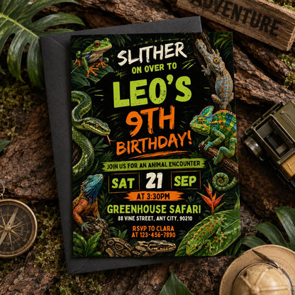Reptile Birthday Invitation, Slither On Over Jungle Theme, Editable Slither On Over Birthday Reptile Invitation Jungle Lizard Party, Canva __etsy:8060649053
