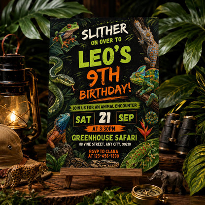 Reptile Birthday Invitation, Slither On Over Jungle Theme, Editable Slither On Over Birthday Reptile Invitation Jungle Lizard Party, Canva __etsy:8012738124