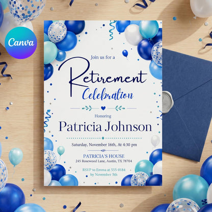 Retirement Party Invitation Blue Balloon Theme Printable Retirement Celebration Invite for Men and Women, Editable Canva Template (Digital) __etsy:8035911789