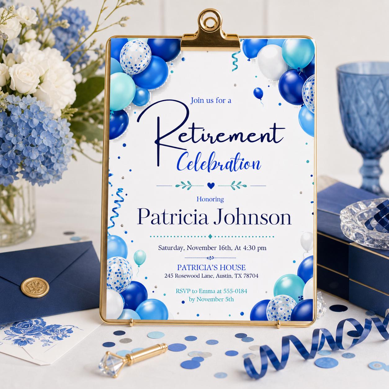 Retirement Party Invitation Blue Balloon Theme Printable Retirement Celebration Invite for Men and Women, Editable Canva Template (Digital) __etsy:8031985643