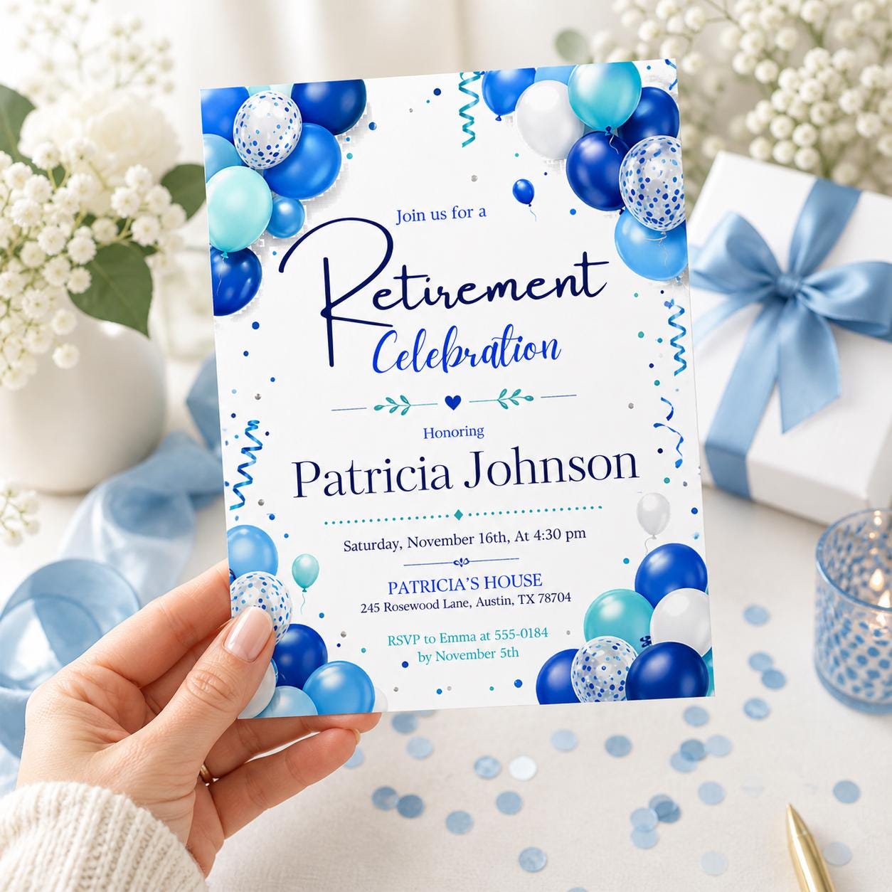 Retirement Party Invitation Blue Balloon Theme Printable Retirement Celebration Invite for Men and Women, Editable Canva Template (Digital) __etsy:8031985641
