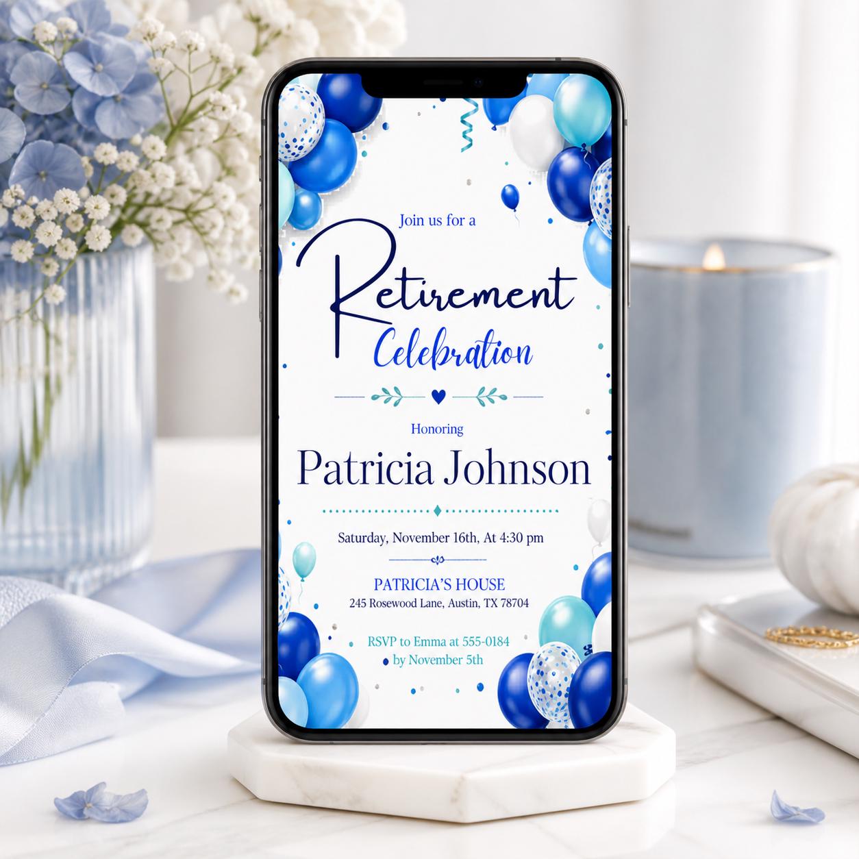 Retirement Party Invitation Blue Balloon Theme Printable Retirement Celebration Invite for Men and Women, Editable Canva Template (Digital) __etsy:8031985605