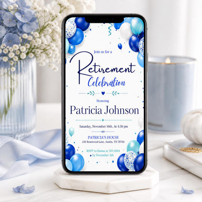 Retirement Party Invitation Blue Balloon Theme Printable Retirement Celebration Invite for Men and Women, Editable Canva Template (Digital) __etsy:8031985605