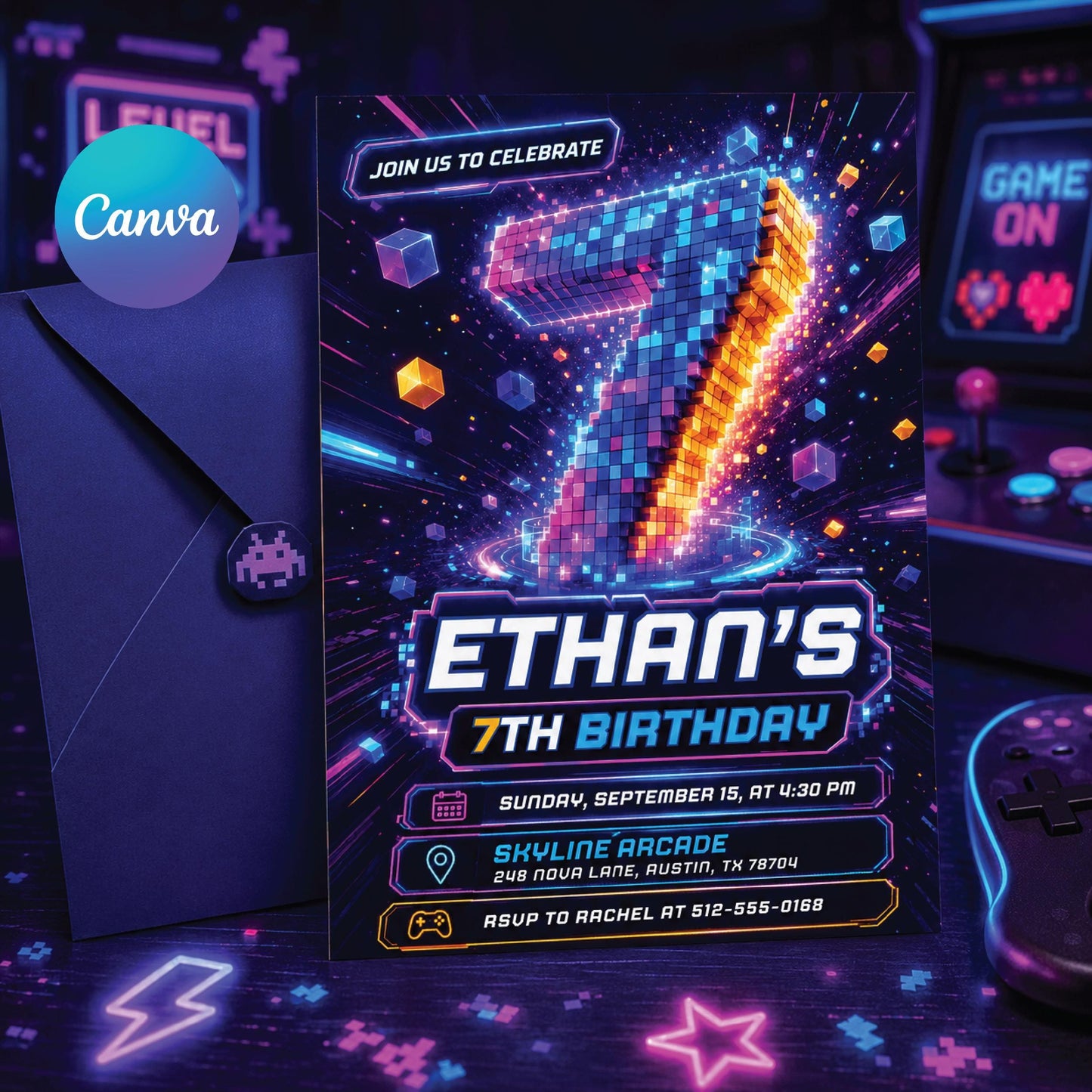 Retro Gaming Birthday Invitation, 7th Birthday Invitation, Video Game Party Invitation, Level Up Invite, Gamer Boy Template, Arcade Party, __etsy:8010834036