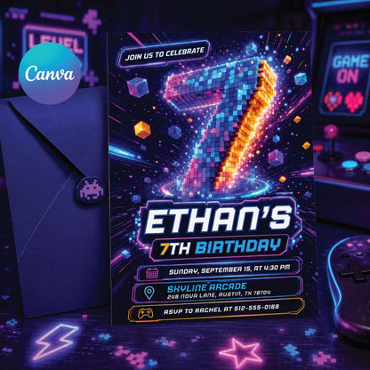 Retro Gaming Birthday Invitation, 7th Birthday Invitation, Video Game Party Invitation, Level Up Invite, Gamer Boy Template, Arcade Party, __etsy:8010834036