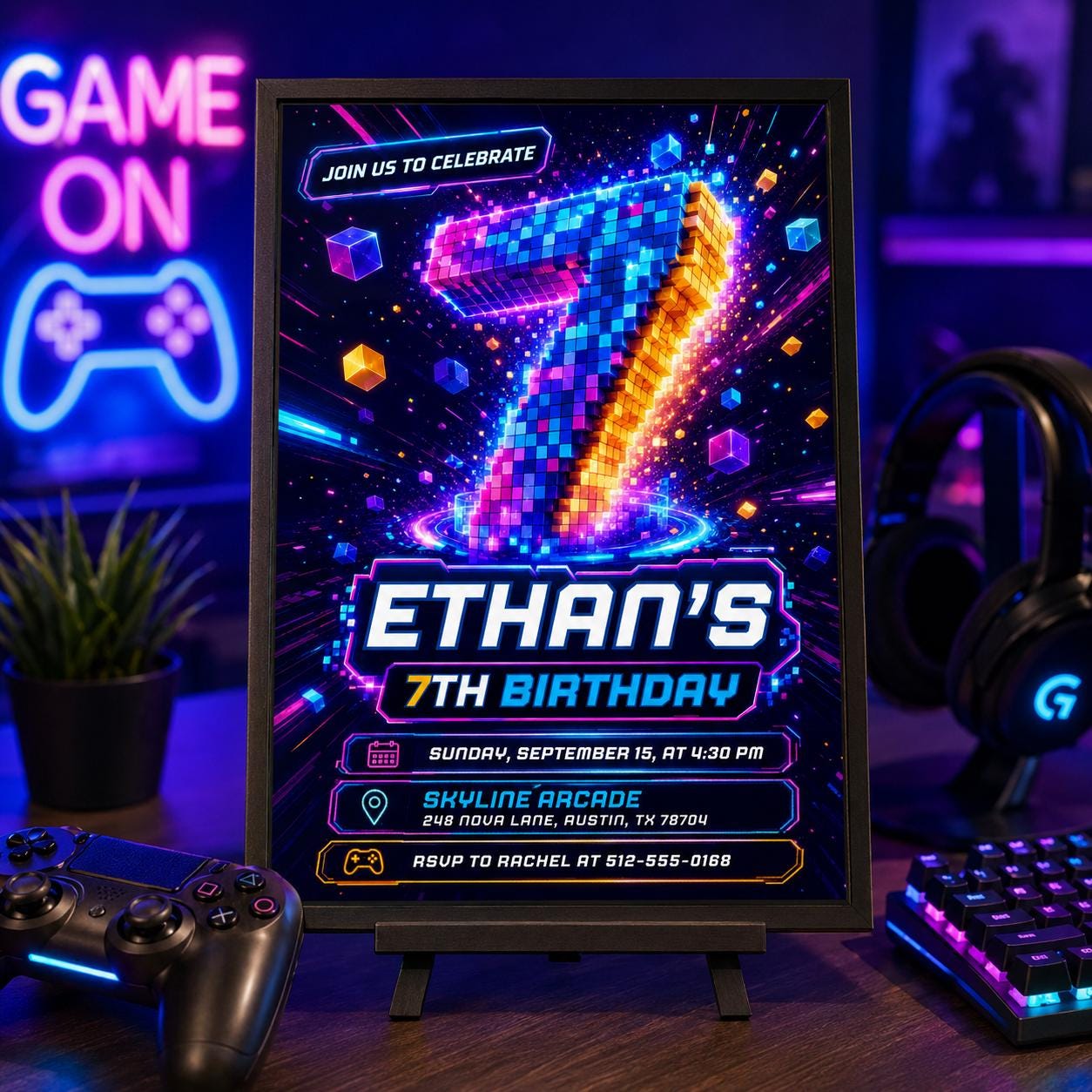 Retro Gaming Birthday Invitation, 7th Birthday Invitation, Video Game Party Invitation, Level Up Invite, Gamer Boy Template, Arcade Party, __etsy:8010823696