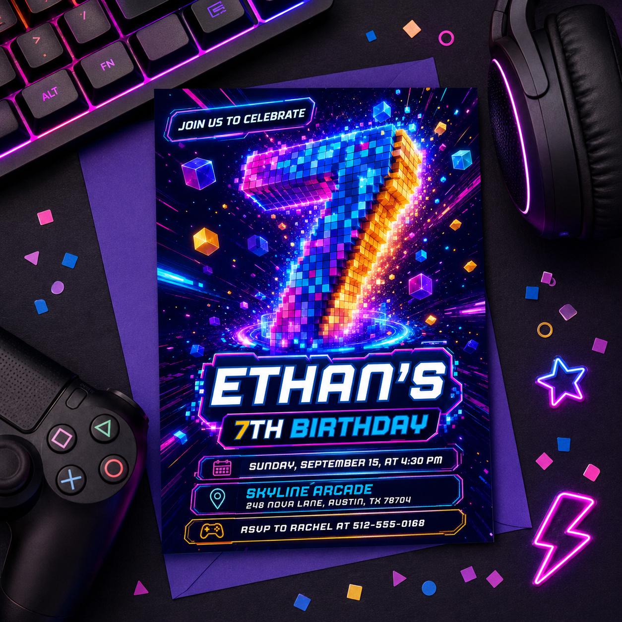 Retro Gaming Birthday Invitation, 7th Birthday Invitation, Video Game Party Invitation, Level Up Invite, Gamer Boy Template, Arcade Party, __etsy:8058736973