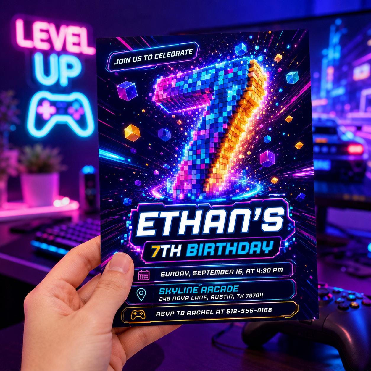 Retro Gaming Birthday Invitation, 7th Birthday Invitation, Video Game Party Invitation, Level Up Invite, Gamer Boy Template, Arcade Party, __etsy:8010823700