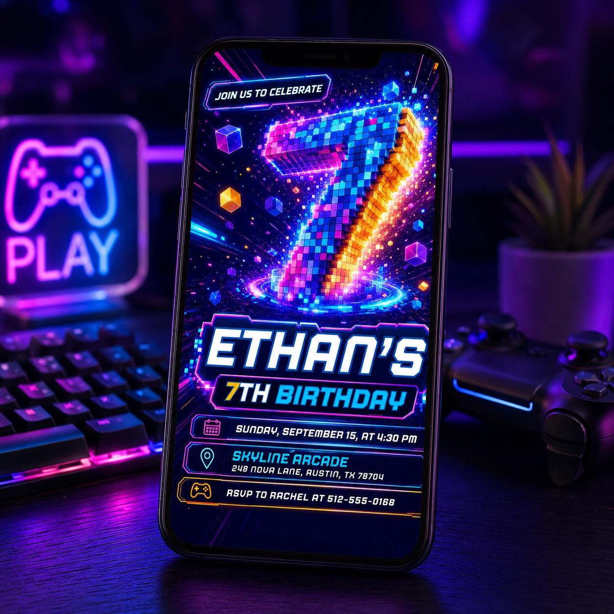 Retro Gaming Birthday Invitation, 7th Birthday Invitation, Video Game Party Invitation, Level Up Invite, Gamer Boy Template, Arcade Party, __etsy:8010823694