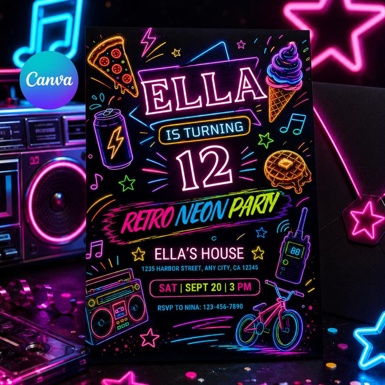 Roller Skate Retro Neon Party Invitation