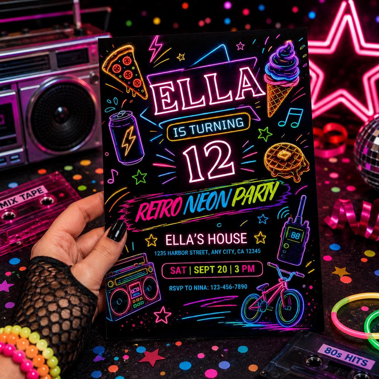 Retro Neon Party Invitation, Retro Neon Roller Skate Birthday Invitation, 8th Birthday roller invitation, Neon Party Invite, Canva Template __etsy:8075092557