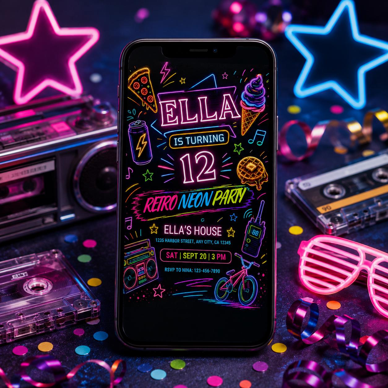Retro Neon Party Invitation, Retro Neon Roller Skate Birthday Invitation, 8th Birthday roller invitation, Neon Party Invite, Canva Template __etsy:8027177970