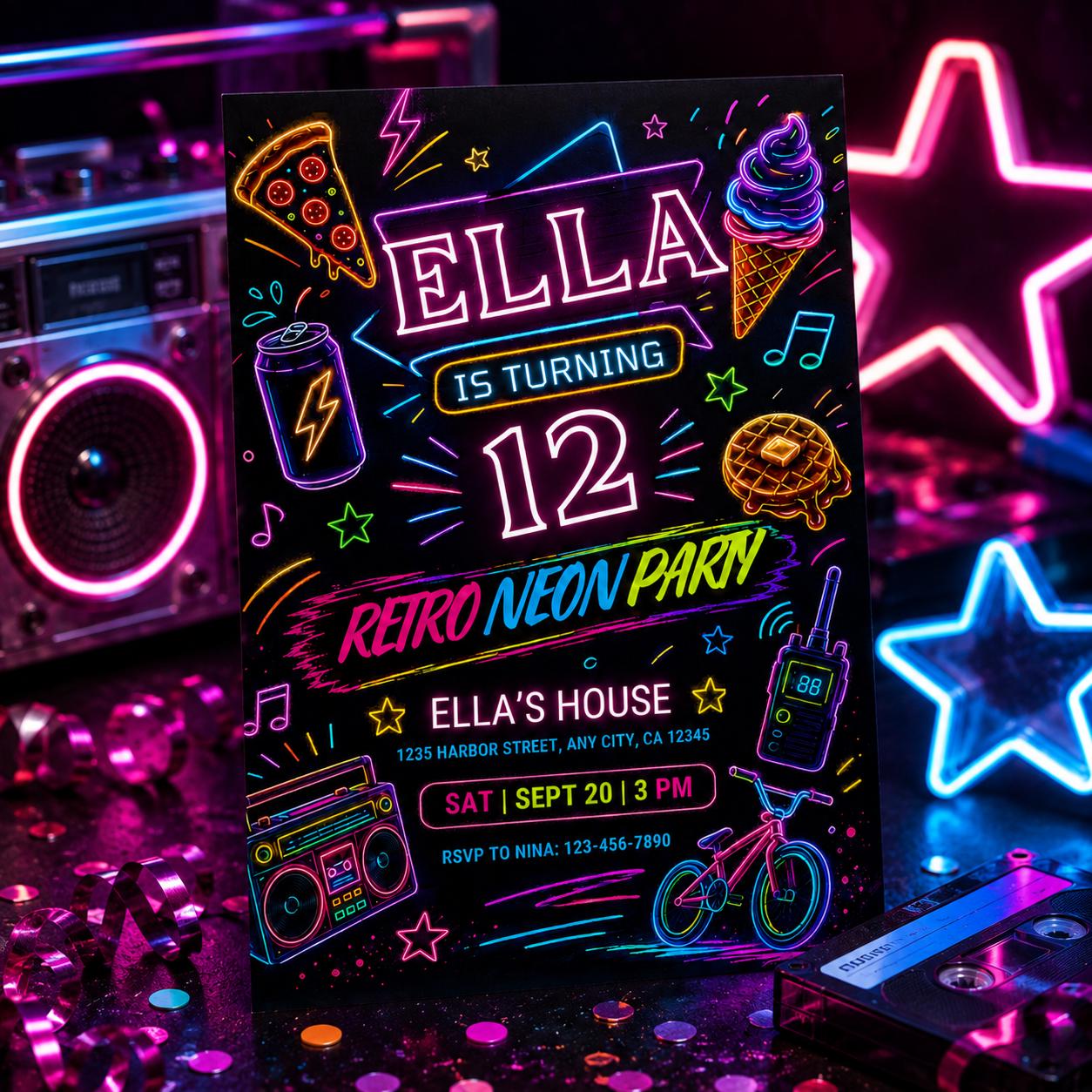 Retro Neon Party Invitation, Retro Neon Roller Skate Birthday Invitation, 8th Birthday roller invitation, Neon Party Invite, Canva Template __etsy:8075092559
