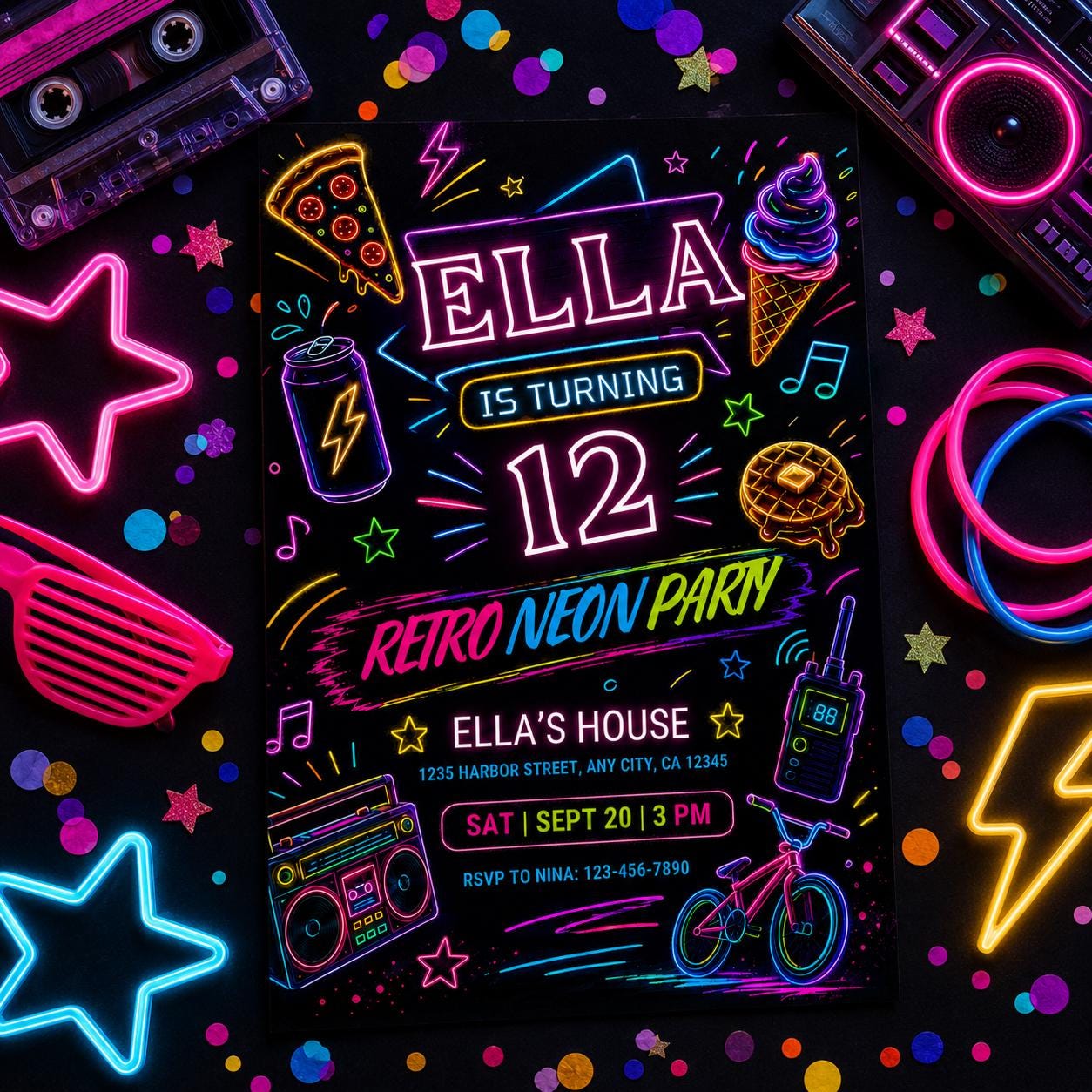 Retro Neon Party Invitation, Retro Neon Roller Skate Birthday Invitation, 8th Birthday roller invitation, Neon Party Invite, Canva Template __etsy:8027177974