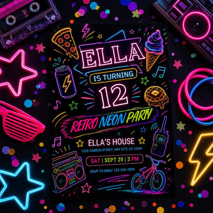 Retro Neon Party Invitation, Retro Neon Roller Skate Birthday Invitation, 8th Birthday roller invitation, Neon Party Invite, Canva Template __etsy:8027177974